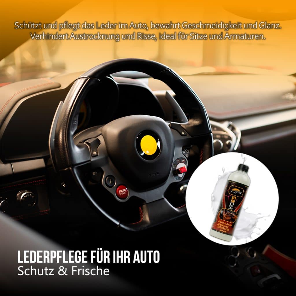 Die SunCar Lederpflege für Innen schützt Leder vor Abnutzung und UV-Schäden und stellt seinen natürlichen Glanz wieder her.