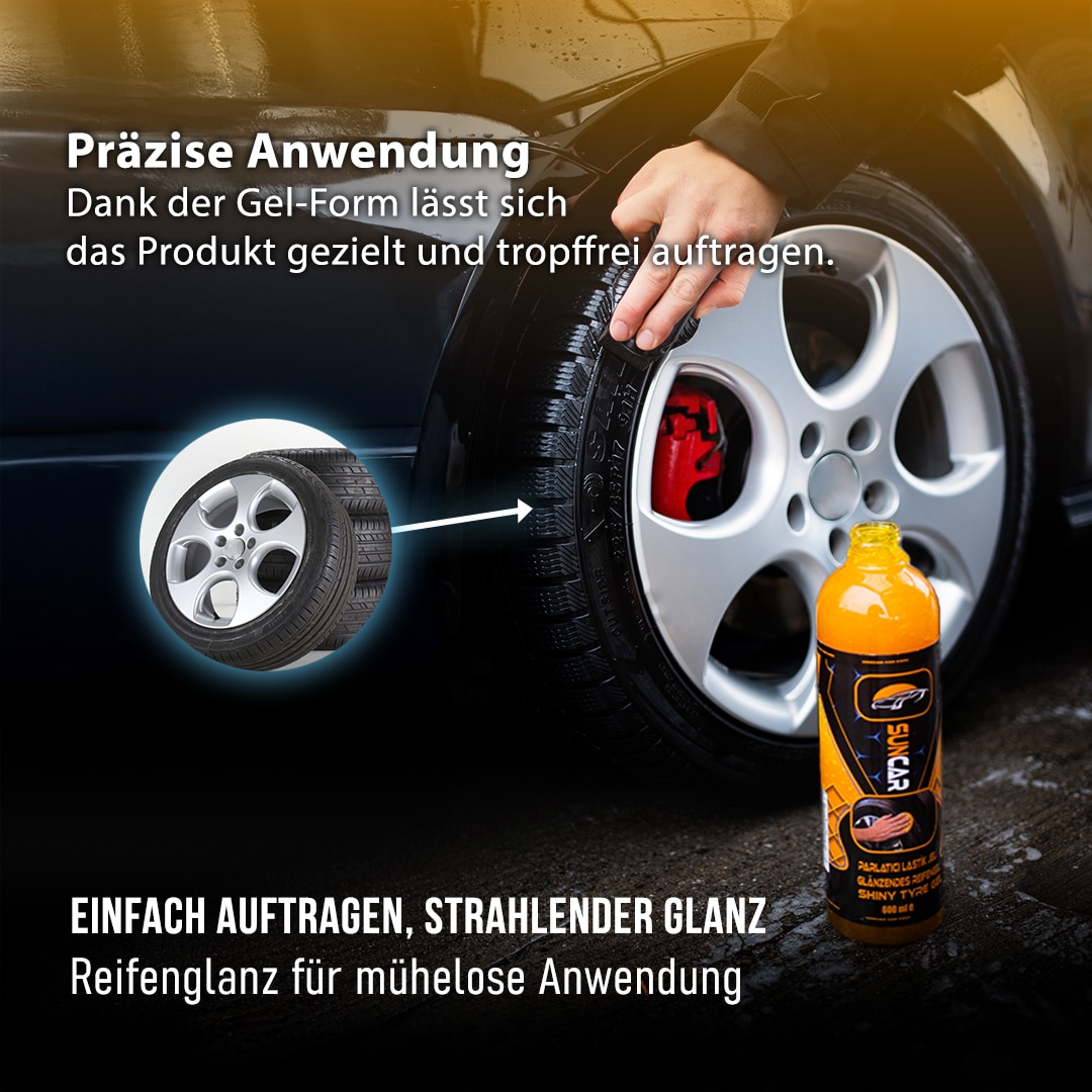 SunCar Reifenglanzgel GlossX 3 Das SunCar Glänzendes Reifengel bietet eine erstklassige Lösung, um Ihren Reifen einen tiefen Glanz und optimalen Schutz zu verleihen.